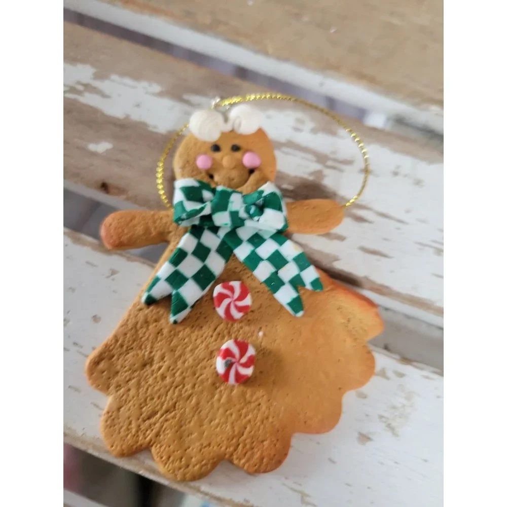 Gingerbread green bow tie‎ girl candy cookie ornament vintage Xmas tree